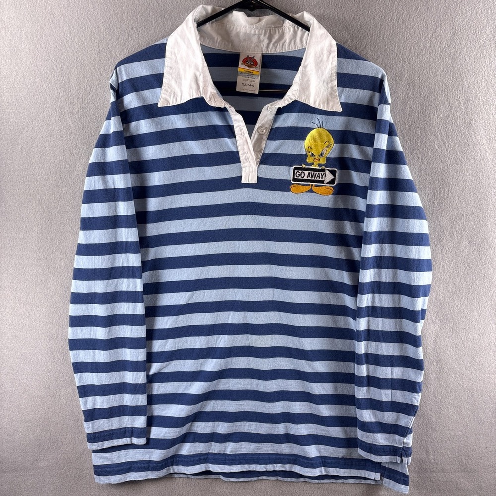 VTG Looney Tunes Tweety Bird Rugby Shirt 22/24W Go Away Striped Blue Long Sleeve